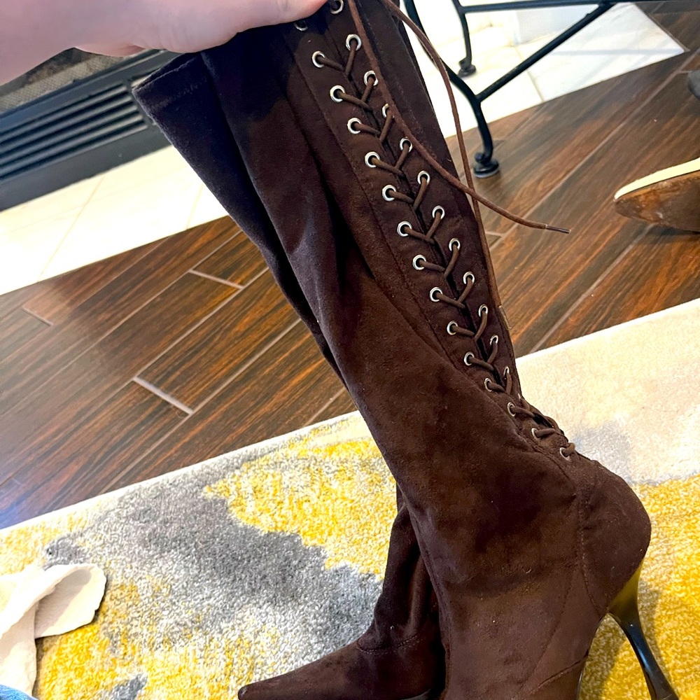 BCBG womens lace up brown high leg boot